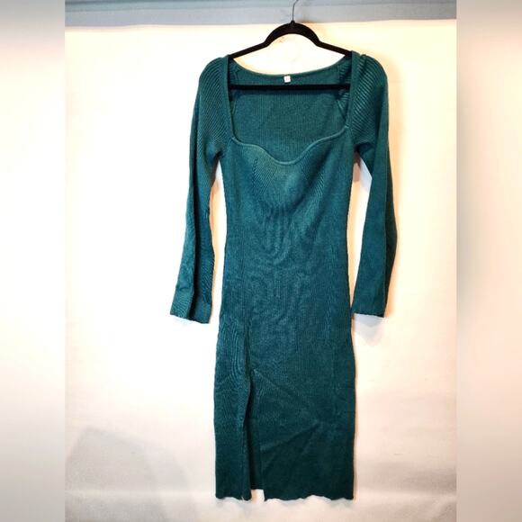 New Teal Green Bodycon Knit Sweater Dress Stretch Bell Sleeves Size XL - Picture 2 of 8